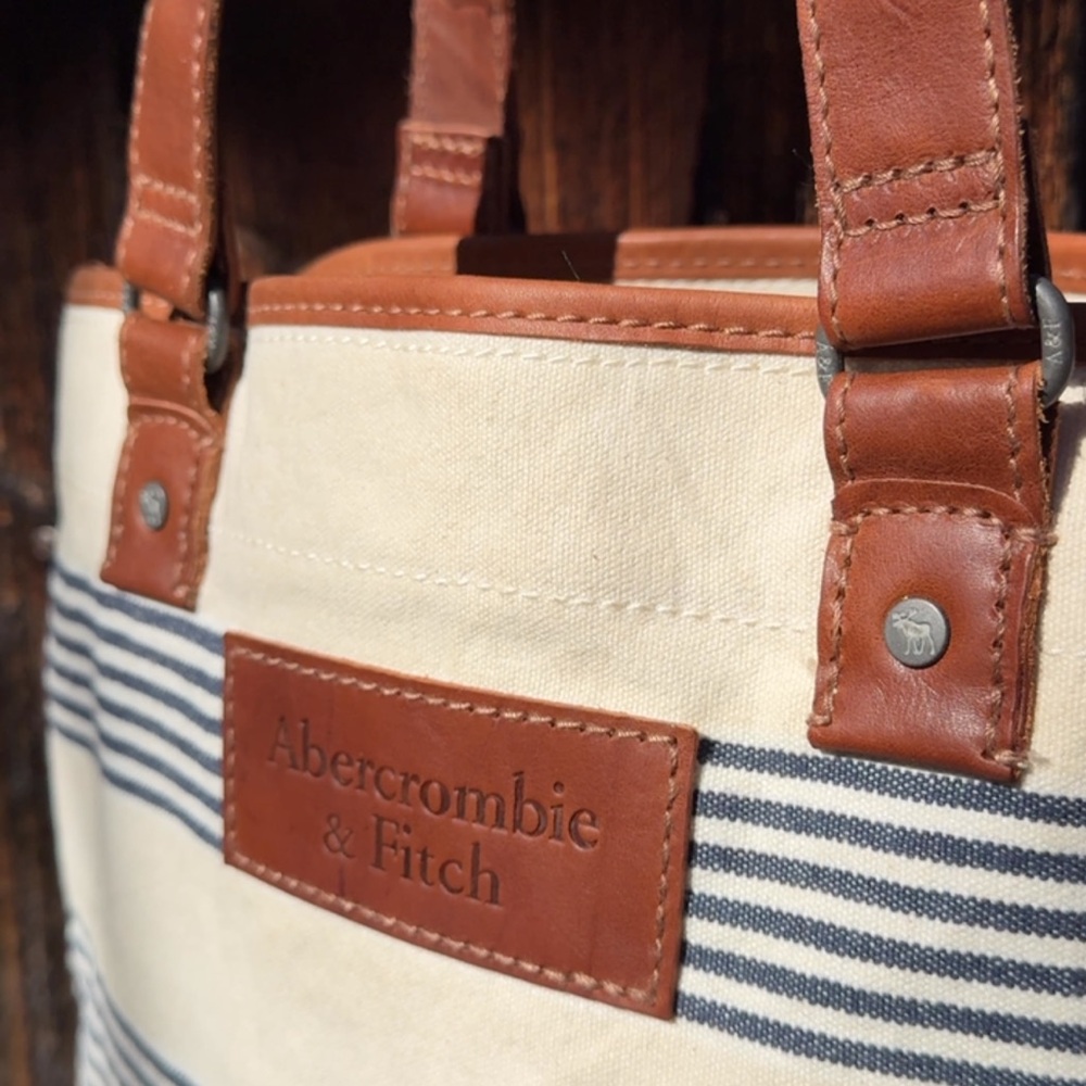 Abercrombie & Fitch Canvas + Leather Tote Bag NWT Striped Coastal